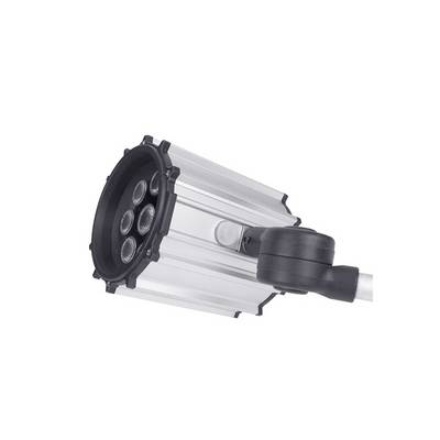 Lampe LED argentée avec bras articulé noir, adaptée pour la fixation sur des machines ou des murs. Cinq LED visibles sur la face avant.