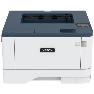 Imprimante de bureau, marquée 'Xerox', en blanc et bleu. Bac de sortie papier en haut, panneau de commande à droite. Idéale pour les volumes d'impression moyens.