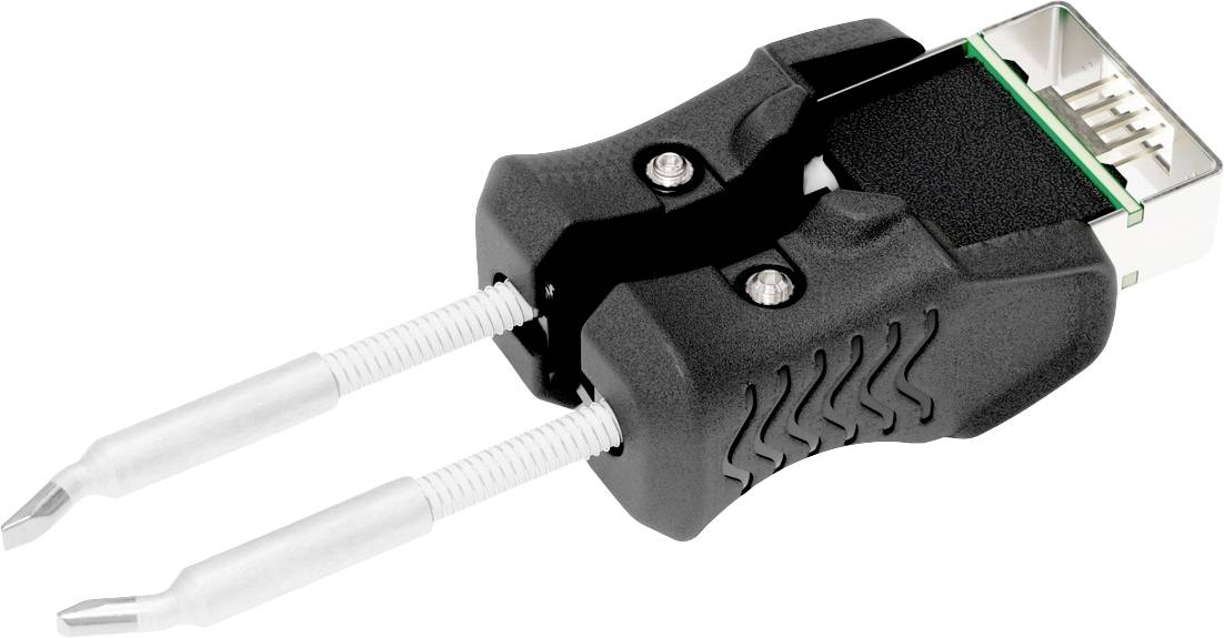 Un adaptateur noir avec deux sondes métalliques servant à des mesures électriques. Connexion visible à l'extrémité supérieure.