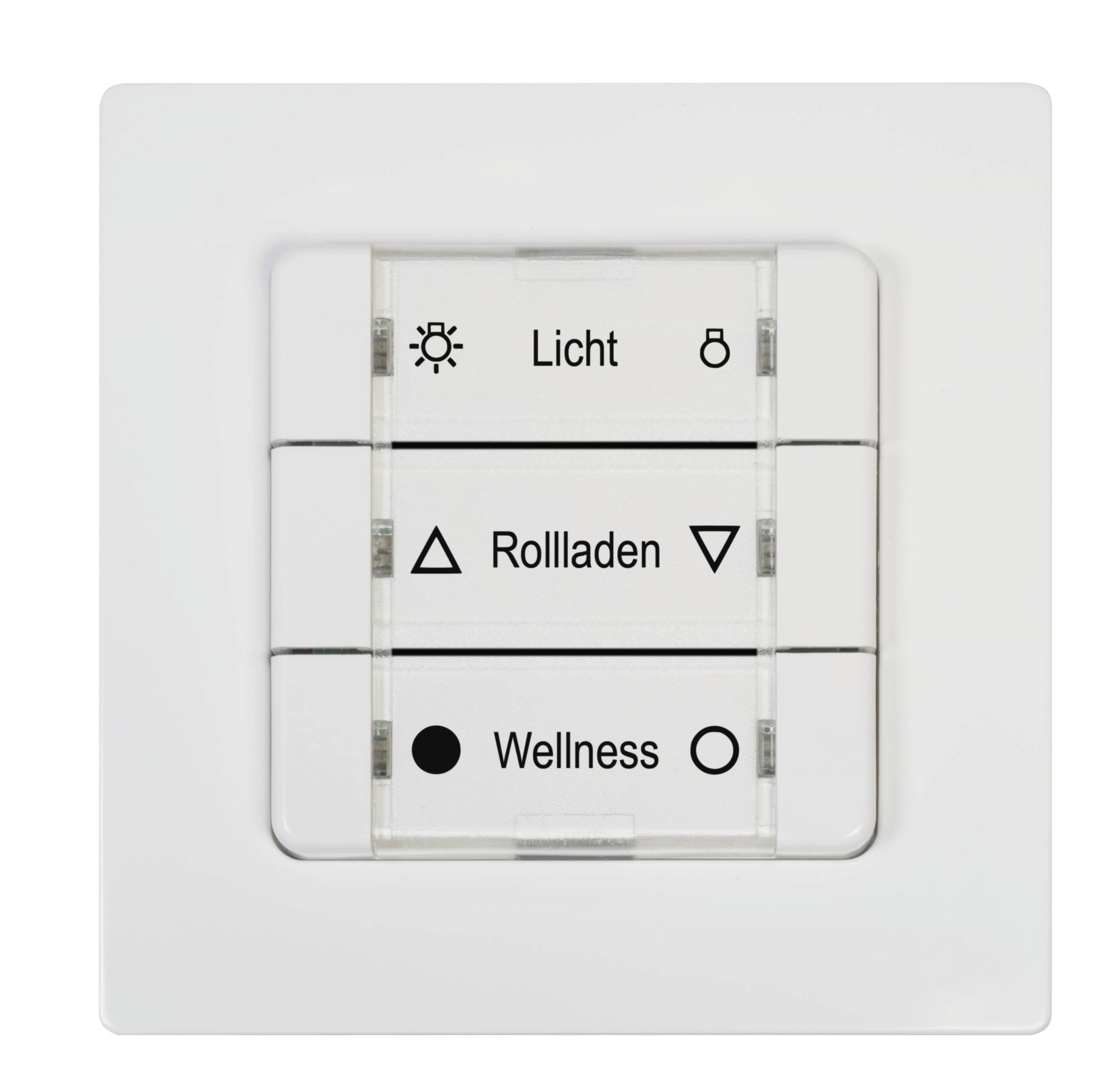 Interface blanche avec trois boutons : 'Lumière' avec un symbole d'ampoule, 'Volets' avec des symboles de flèches, 'Bien-être' avec un symbole de cercle.