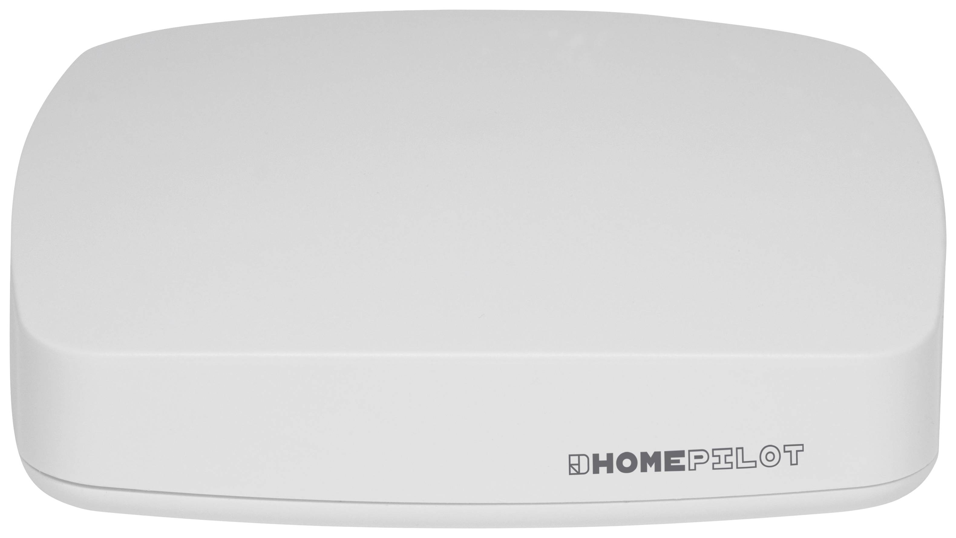 Boîtier de commande domotique blanc et rectangulaire avec le logo 'HOMEPILOT' en bas à droite. L'appareil est destiné à l'automatisation centralisée de la maison.