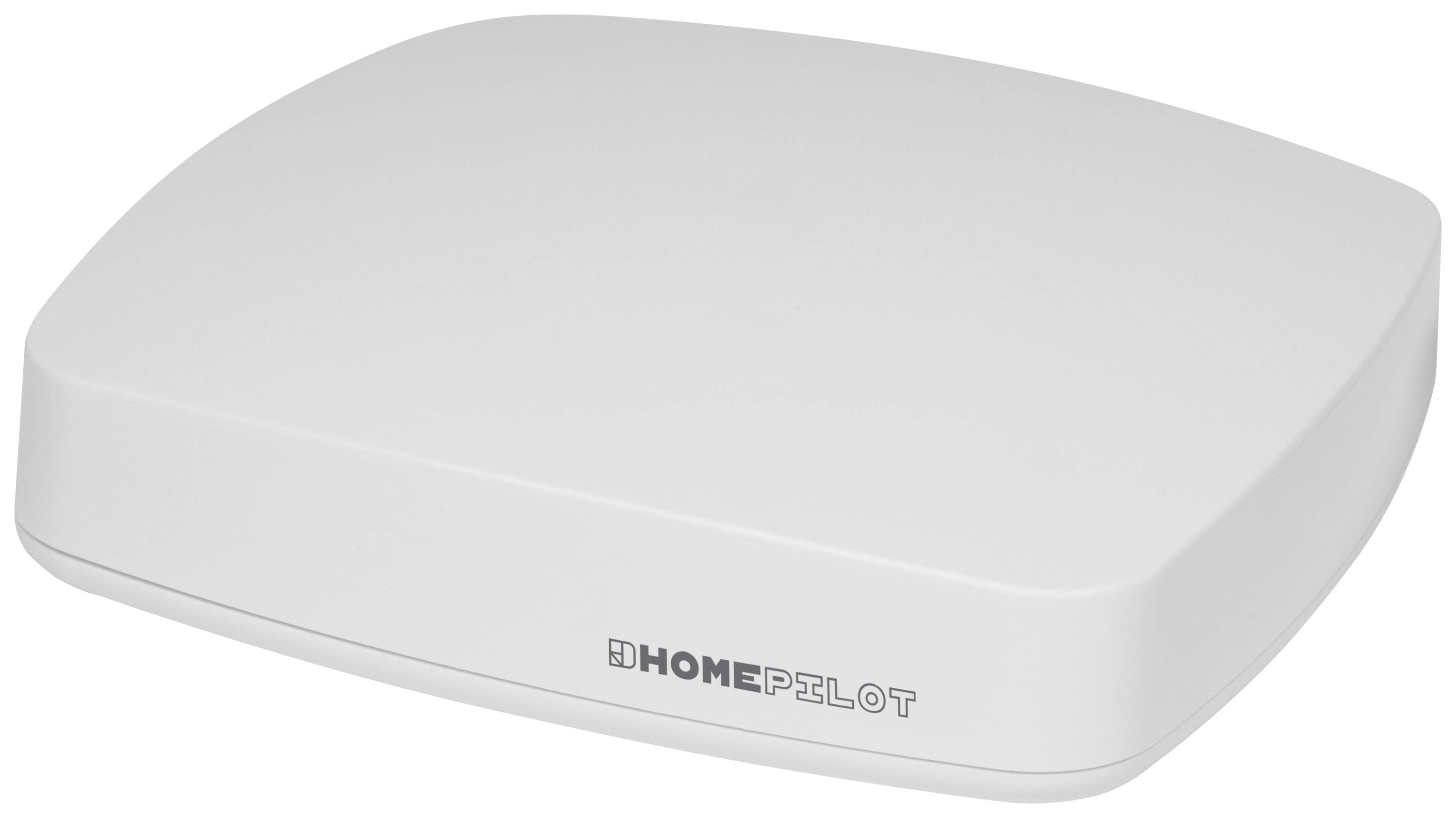 Un appareil domotique blanc, rectangulaire avec des coins arrondis, portant l'inscription 'HOME PILOT'.