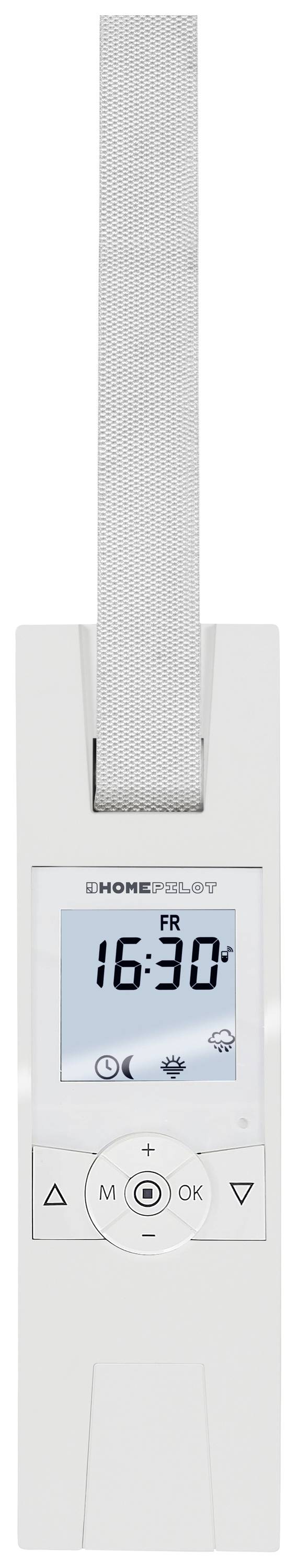 Une télécommande blanche rectangulaire avec un écran affichant '16:30'. En haut se trouve une bande plus longue.