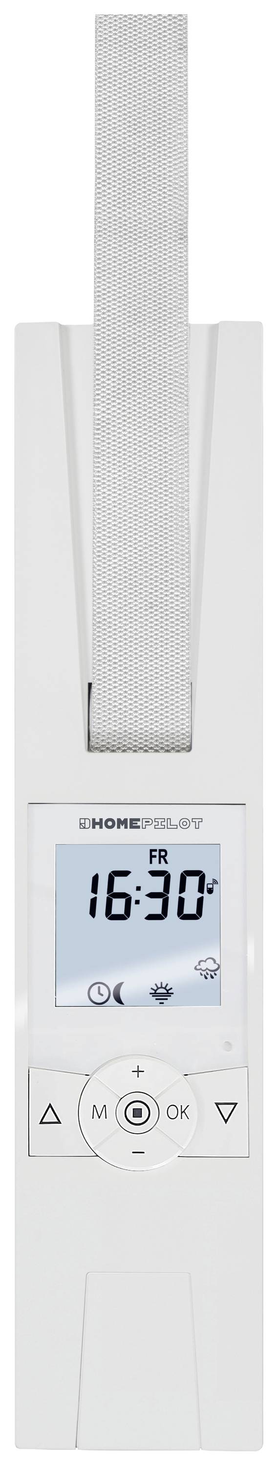 Un boîtier de commande blanc avec une sangle réglable en tissu, un affichage numérique et des touches. Heure affichée : 16:30.