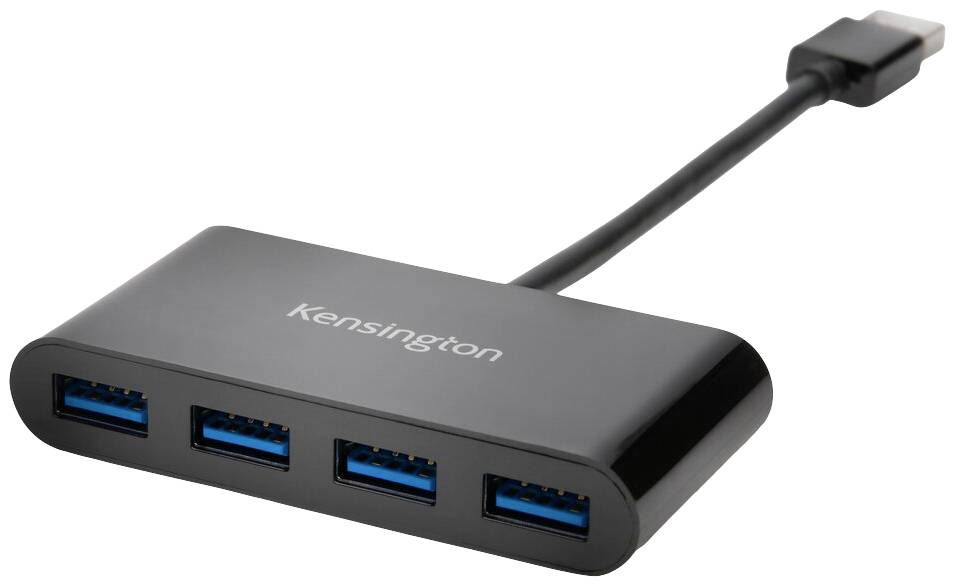 Un hub USB noir de Kensington avec quatre ports USB bleus, relié par un court câble avec une fiche USB.