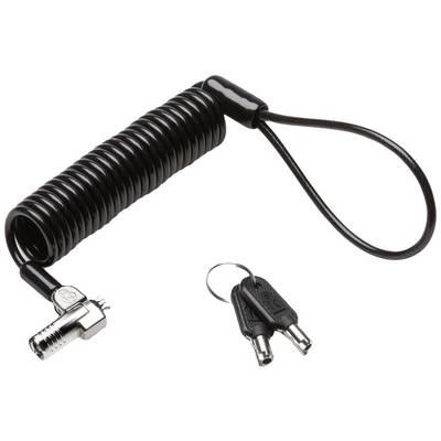 Un câble de sécurité noir en spirale avec une boucle et un cadenas assorti. Deux clés correspondantes sont représentées.