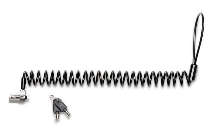 Câble antivol noir en spirale, fourni avec deux clés, utilisé pour sécuriser les ordinateurs portables ou des appareils similaires.