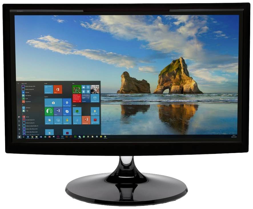 Un moniteur affiche le bureau Windows avec l'écran de verrouillage de Windows 10. Un paysage côtier est visible en arrière-plan.
