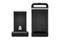 Deux appareils noirs verticaux avec une base carrée. À droite, un plus grand avec une poignée, à gauche, un plus petit. Logo avec un motif de serrure.