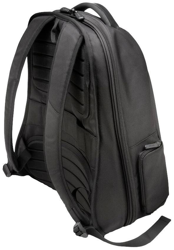 Sac à dos noir avec bretelles rembourrées et plusieurs compartiments, vue de dos.