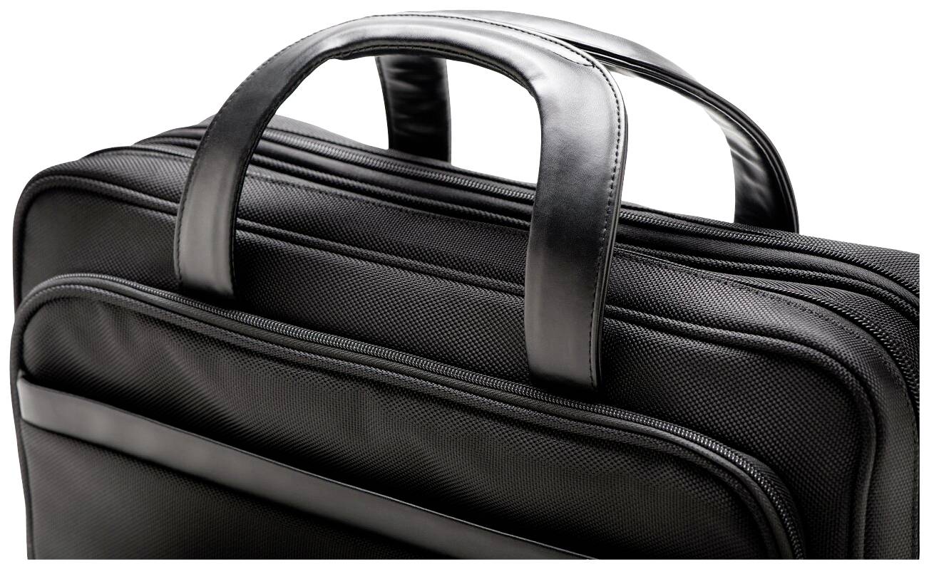 Un attaché-case noir, structuré, doté de deux poignées en cuir et de plusieurs compartiments, offrant un look professionnel et classique.