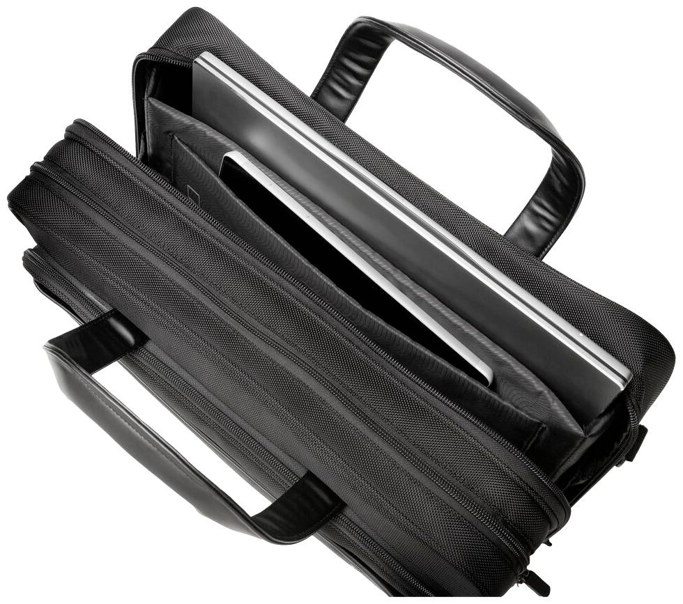 Un sac de documents noir, ouvert, montre un compartiment pour ordinateur portable contenant un ordinateur portable. Le sac dispose de deux poignées et de plusieurs compartiments.