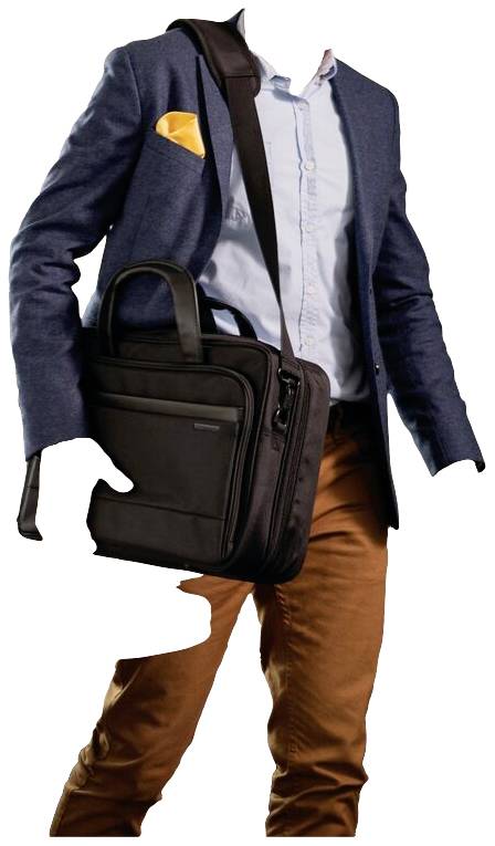 Personne portant un blazer bleu, une chemise bleu clair et un pantalon marron, avec un attaché-case noir sur l'épaule.