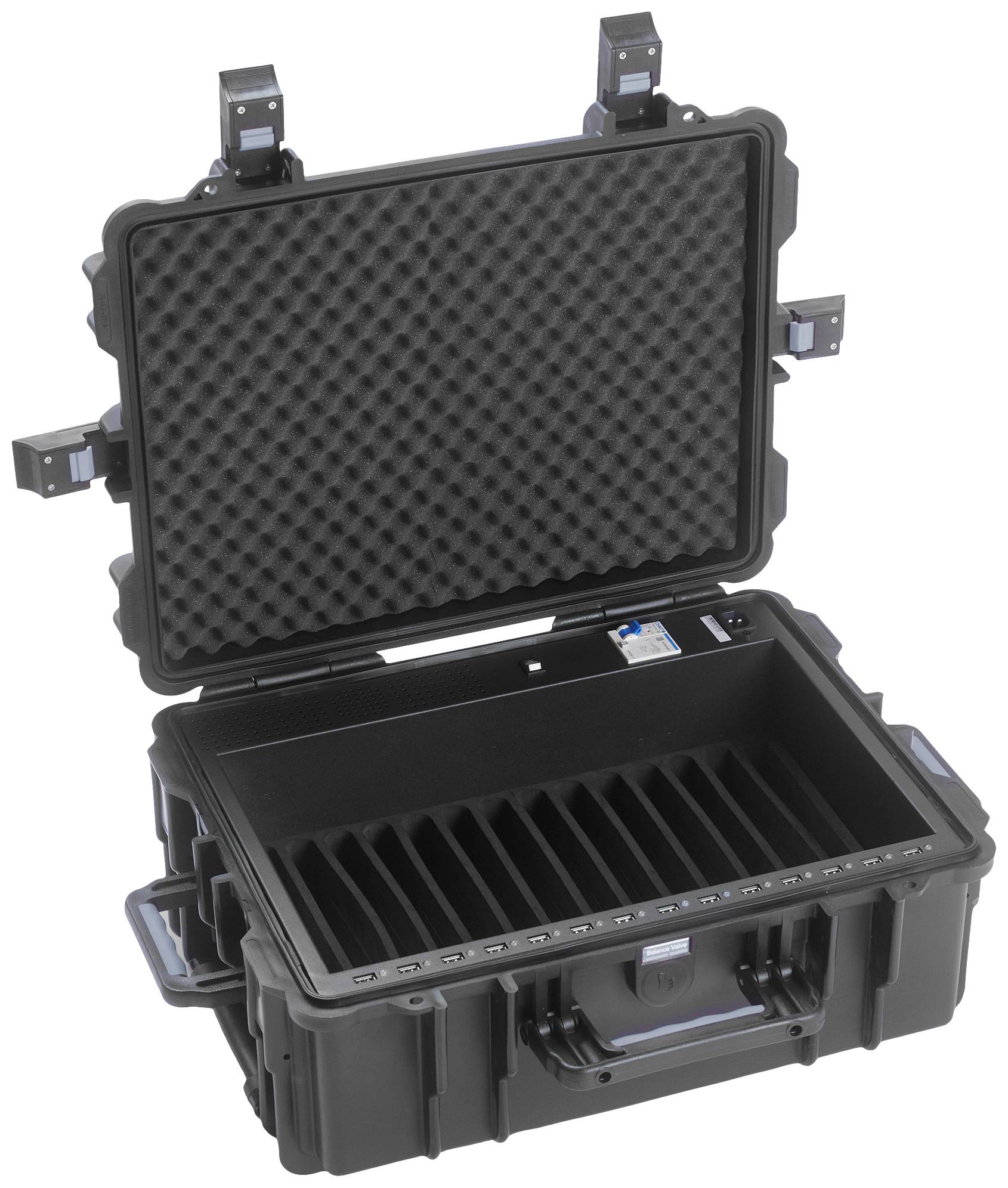 Valise noire ouverte avec rembourrage en mousse dans le couvercle et plusieurs compartiments intérieurs pour un rangement sécurisé.