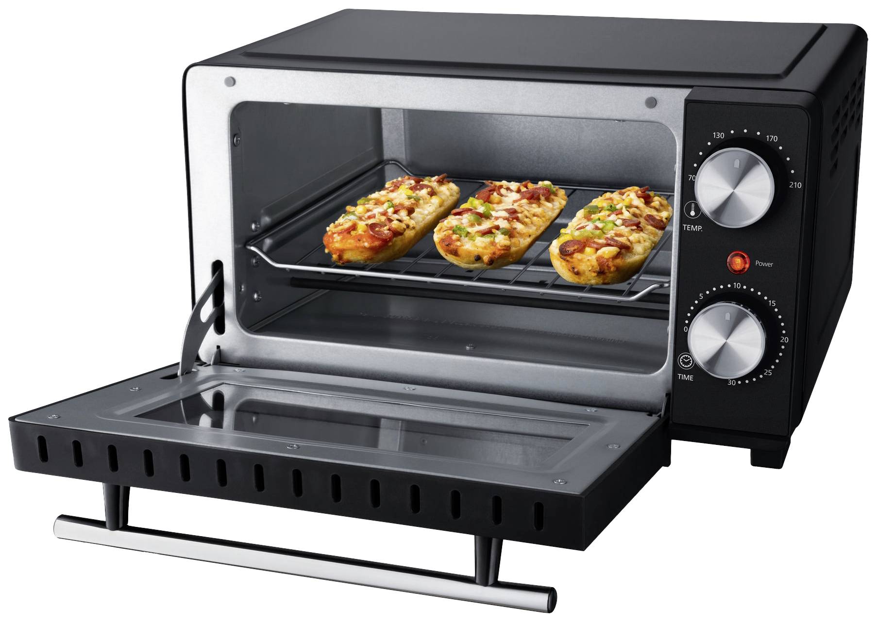 Four mini ouvert avec trois baguettes garnies de légumes et de fromage sur la grille. Les commandes de température et de temps sont visibles à droite.