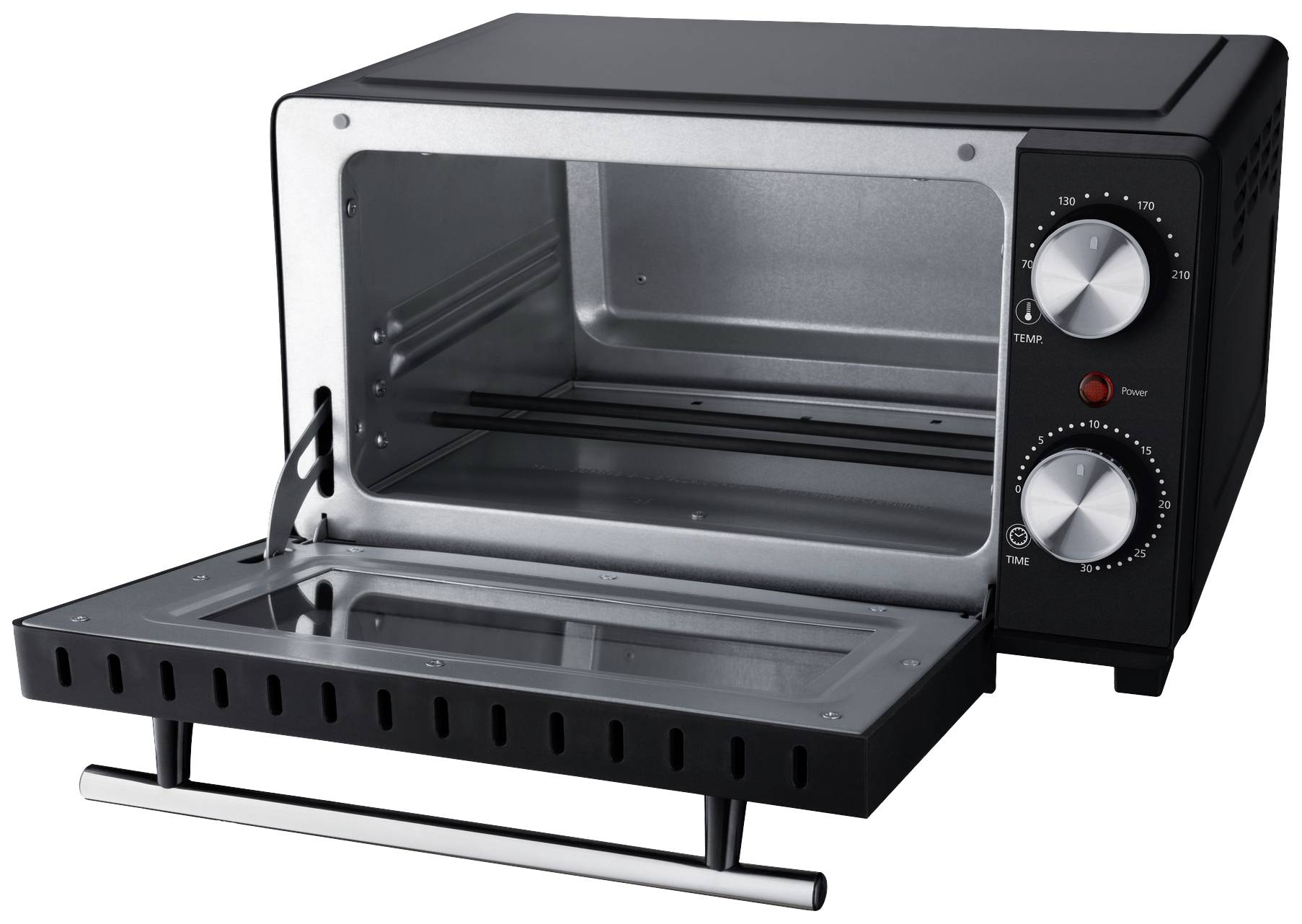 Un grille-pain four ouvert avec des boutons rotatifs de contrôle de température et de temps.