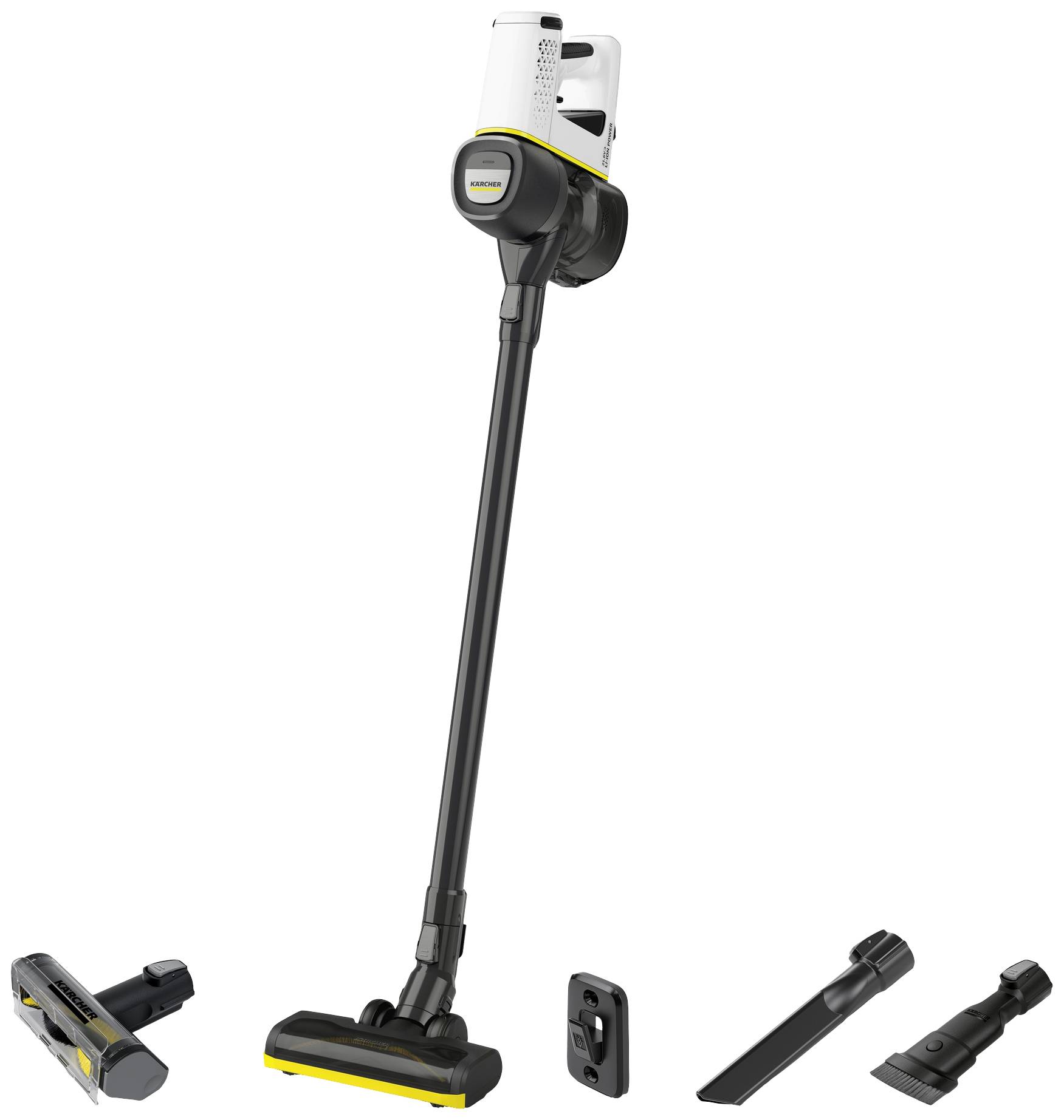 Aspirateur sans fil avec long tube d'aspiration et accessoires tels que des embouts de brossage et une buse d'angle, adapté à divers travaux de nettoyage.