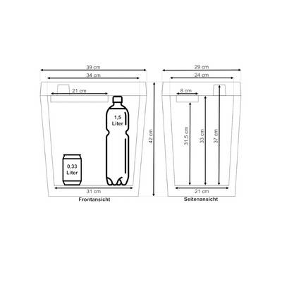 Illustration d'un récipient avec deux vues. Dans la vue de face, on trouve une canette de 0,33 litre et une bouteille de 1,5 litre. Les dimensions sont marquées.