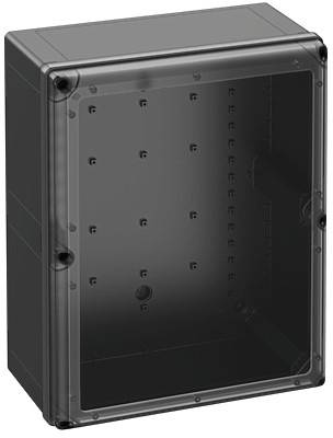 Boîtier de distribution électrique noir en plastique avec couvercle transparent. Points de montage adaptables visibles à l'intérieur.