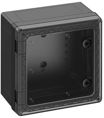 Boîte en plastique noir vide avec couvercle transparent, de forme carrée et percée de trous de vis sur les côtés intérieurs pour une fixation murale.