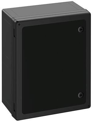 Un boîtier noir rectangulaire, probablement un boîtier électronique ou un coffret de distribution, à surface lisse et pourvu de vis.