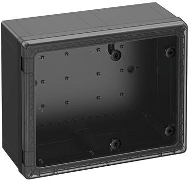 Boîtier noir rectangulaire avec façade amovible et plusieurs points de fixation à l'intérieur. Adapté pour les installations techniques.