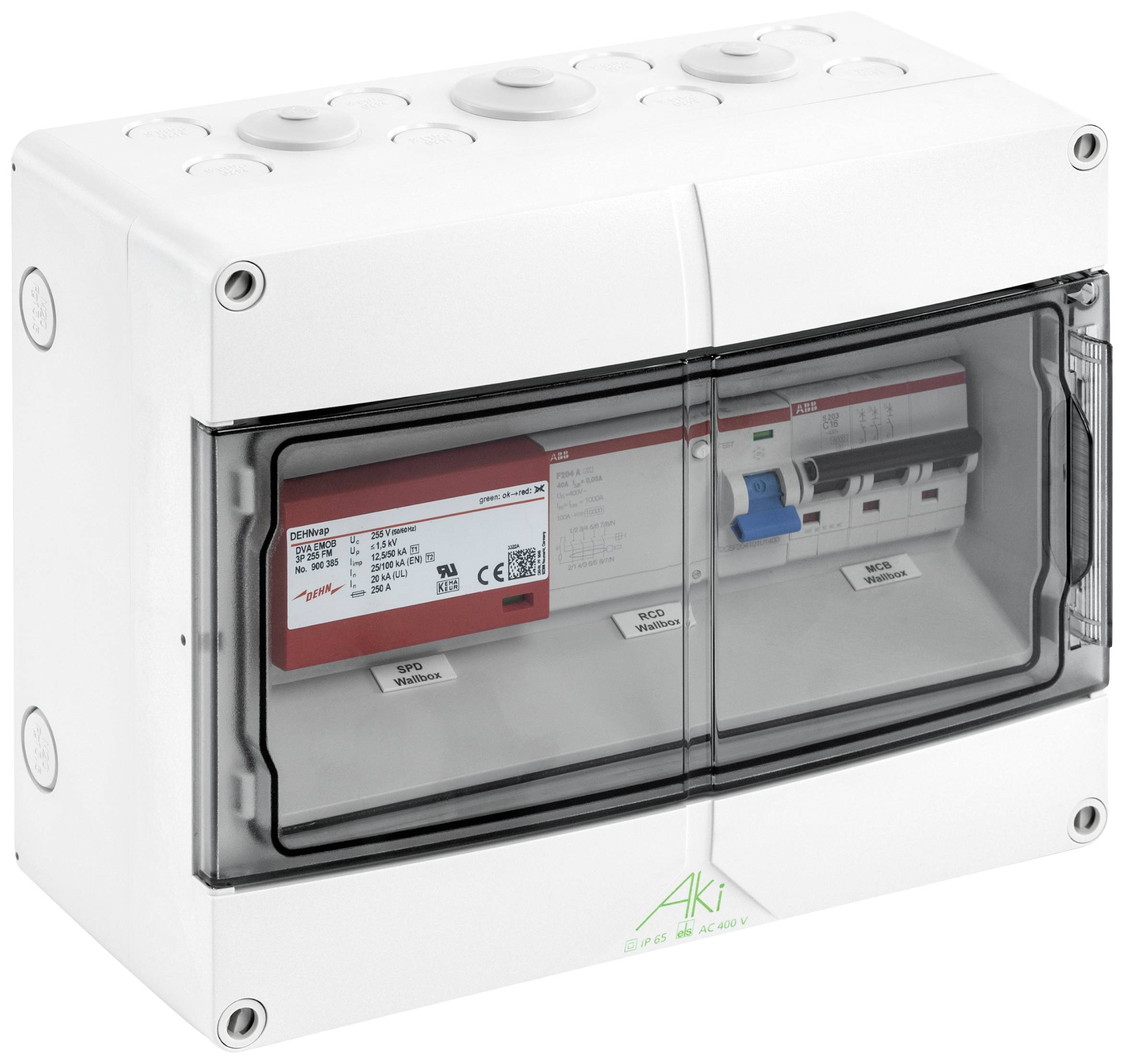 Un armoire électrique blanche avec un couvercle transparent révèle des composants internes tels que des interrupteurs et des barrettes de connexion.