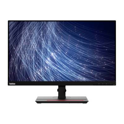 Un moniteur d'ordinateur moderne avec un écran affichant un design abstrait de lignes lumineuses bleues et blanches.