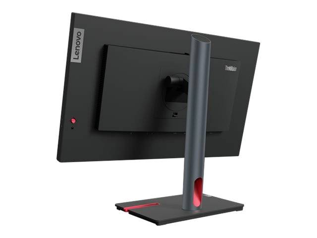 Un moniteur Lenovo noir vu de dos, avec un support élégant, un accent rouge et le logo sur le côté.