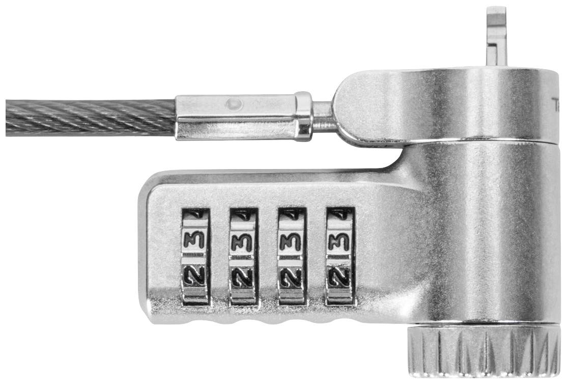 Un cadenas à code argenté avec quatre chiffres rotatifs. Il est attaché à un câble en acier et affiche les chiffres '1234'.