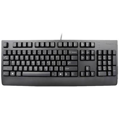 Clavier d'ordinateur noir avec une disposition de touches complète, incluant le pavé numérique, les touches de fonction et les touches fléchées.