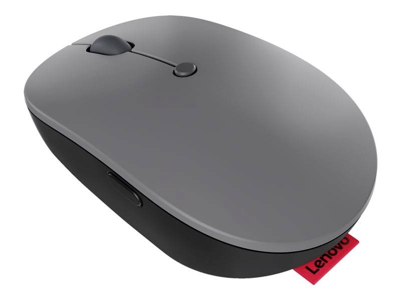 Souris d'ordinateur sans fil grise avec bouton central et molette de défilement, logo Lenovo visible sur la face inférieure.