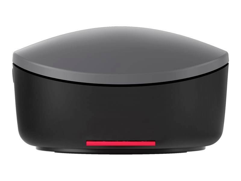 Un haut-parleur noir oval avec une bande rouge sur la façade, sans commandes ou connexions visibles.