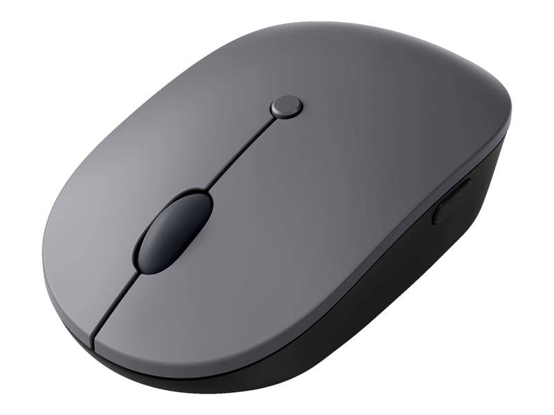 Souris d'ordinateur sans fil, grise, à deux boutons et une molette de défilement centrale, adaptée à une utilisation informatique quotidienne.