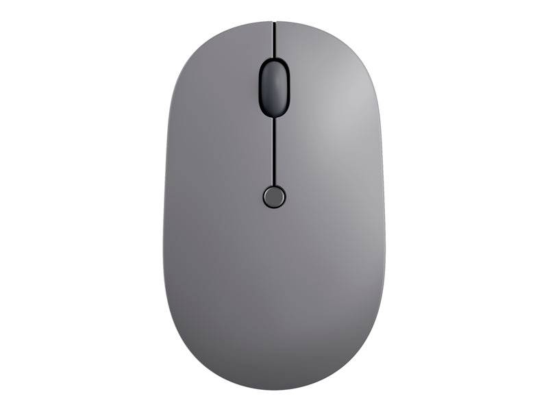Souris d'ordinateur grise, sans fil, dotée de deux boutons et d'une molette de défilement centrale, sur fond blanc. Idéale pour les travaux de bureau.