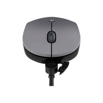 Souris d'ordinateur grise au design minimaliste. Un molette de défilement et des boutons de souris sont visibles. Un port câblé est visible en dessous.