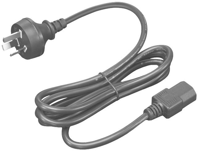 Un câble réseau noir avec une fiche tripolaire et un connecteur rectangulaire à l'autre extrémité, présenté enroulé.