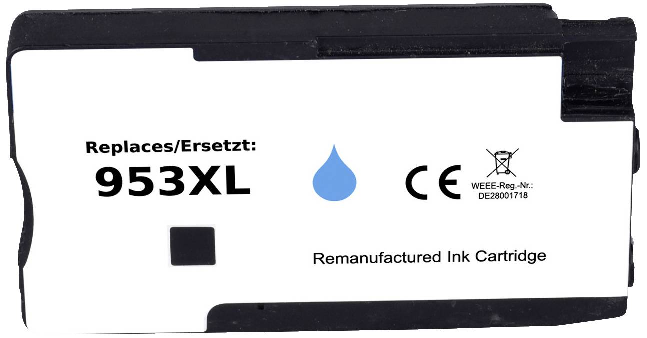 Cartouche d'encre blanche portant l'inscription '953XL', avec un symbole de goutte bleue et le marquage CE.