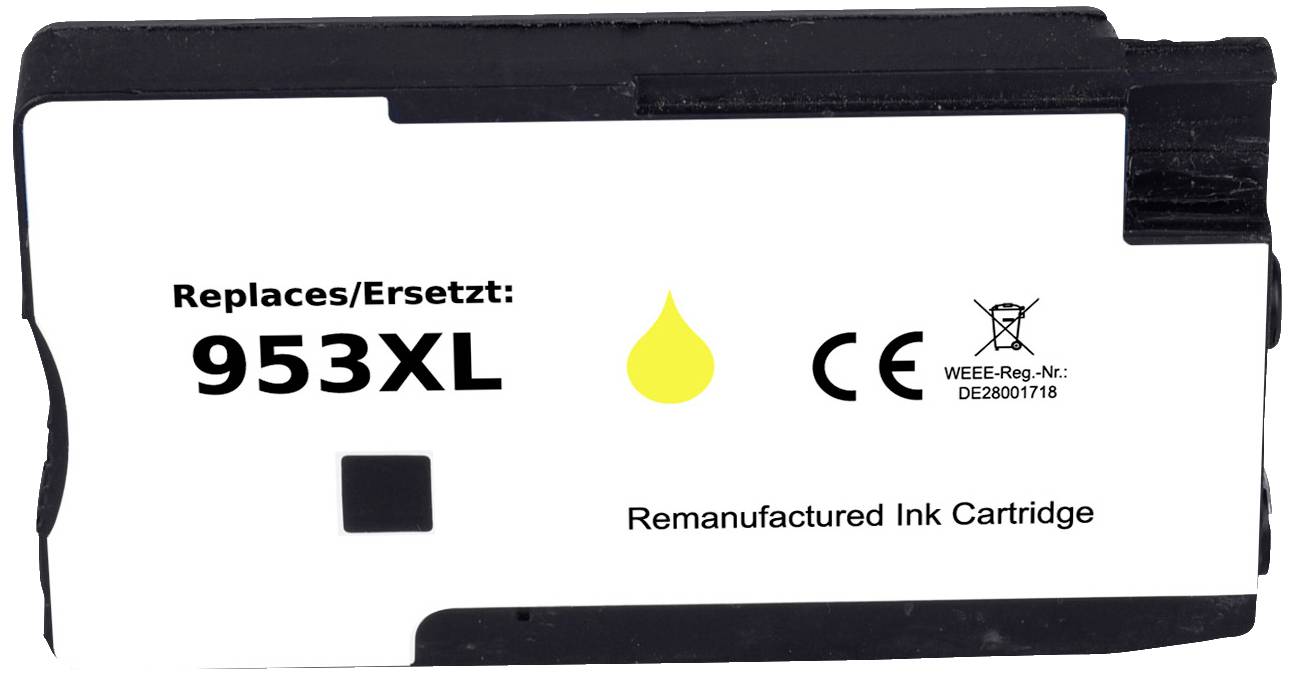 Cartouche d'encre portant l'inscription 'Replaces/Ersetzt : 953XL', avec un symbole de goutte jaune, marquage CE, indication d'une cartouche d'encre rechargée.