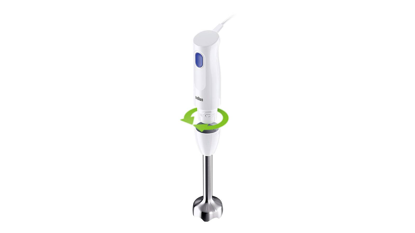 Un mixeur plongeant blanc avec un bouton bleu et un pied en métal amovible, pivotant à 360 degrés. Adapté pour purée et mixer des ingrédients.