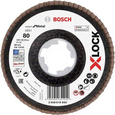 Disque à tronçonner Bosch, modèle X551, 125x22,23 mm, grain 80, pour usinage des métaux. Système de fixation X-LOCK, tourne jusqu'à 80 m/s.