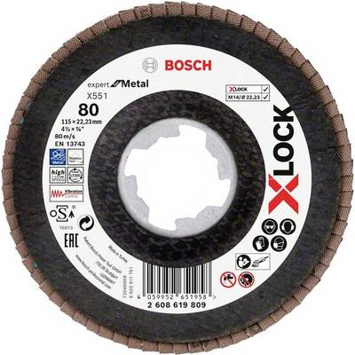 Disque à poncer avec logo 'Bosch', système 'X-LOCK', adapté pour le métal, grain 80, diamètre 115 mm.