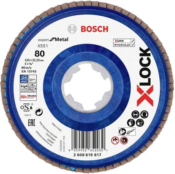 'Disque à tronçonner Bosch X-LOCK pour métal, 125 x 22,23 mm, Type X551. Vitesse max. 80 m/s, compatible avec filetage M14/9. Certifié EN 13743.'