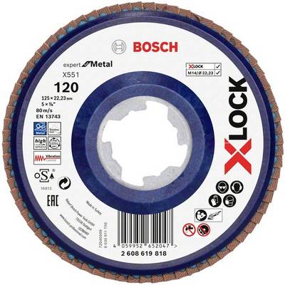 Disque à tronçonner 'Bosch X-LOCK' pour métal, grain 120, diamètre 125 mm. Contient des symboles de consignes de sécurité et de compatibilité.