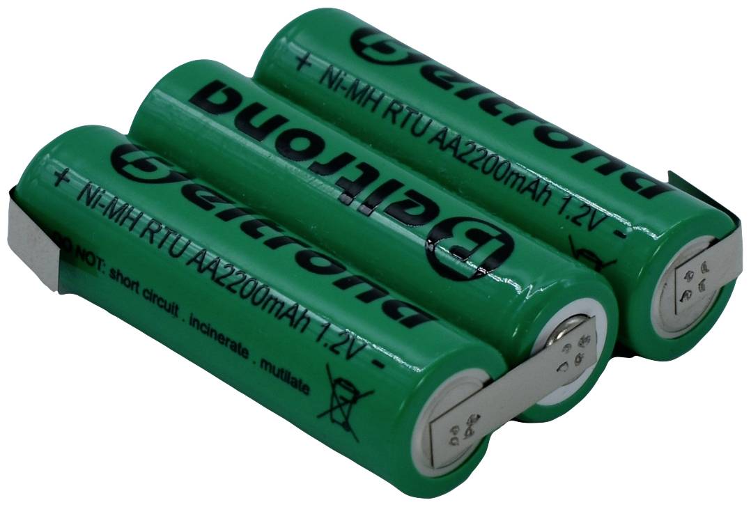 Trois piles AA vertes avec l'inscription « Ni-MH RTU AA 2200mAh 1,2V », disposées en groupe.