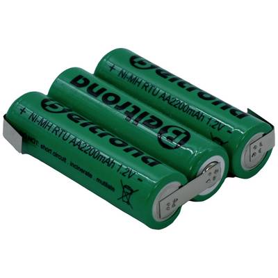 Trois piles AA vertes avec l'inscription « Ni-MH RTU AA 2200mAh 1,2V », disposées en groupe.
