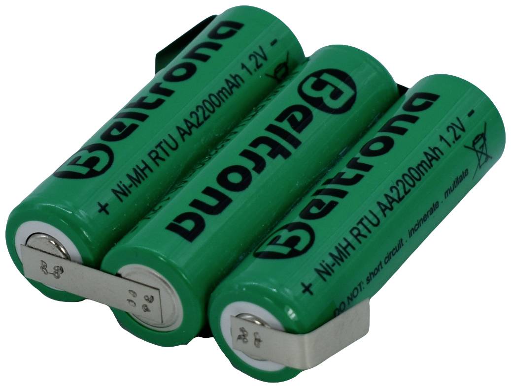 Trois piles AA vertes sur lesquelles est inscrit 'Beltrona Ni-MH RTU AA2200mAh 1.2V'. Les piles sont connectées en parallèle.