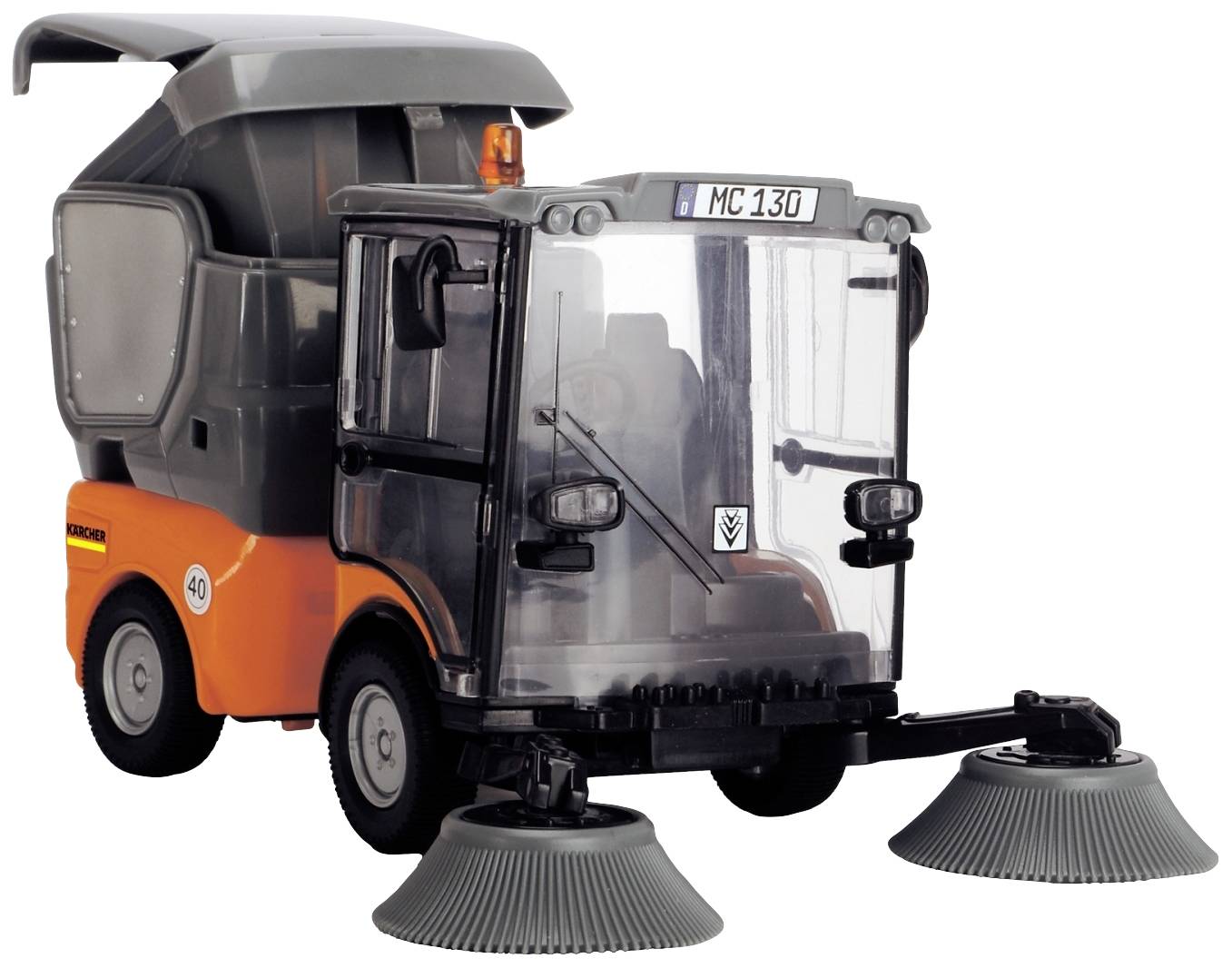 Une balayeuse orange et grise équipée de deux brosses rotatives à l'avant, adaptée aux nettoyages de surfaces petites à moyennes.