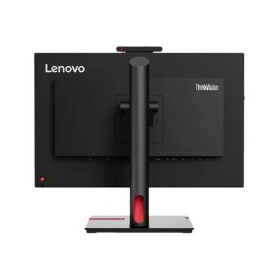 Vue arrière d'un moniteur Lenovo ThinkVision au design moderne, boîtier noir avec un accent rouge à la base du socle.