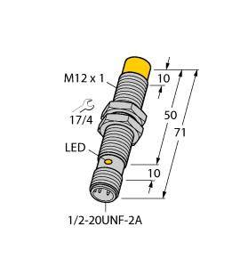 Capteur cylindrique, filetage M12 x 1, longueur totale 71 mm, indicateur LED. Connexion : 1/2-20UNF-2A. Dimensions marquées.